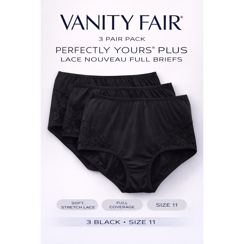 Vanity Fair 3 Pack Perfectly Yours Plus Lace Nouveau Full‎ Briefs Black Size 11